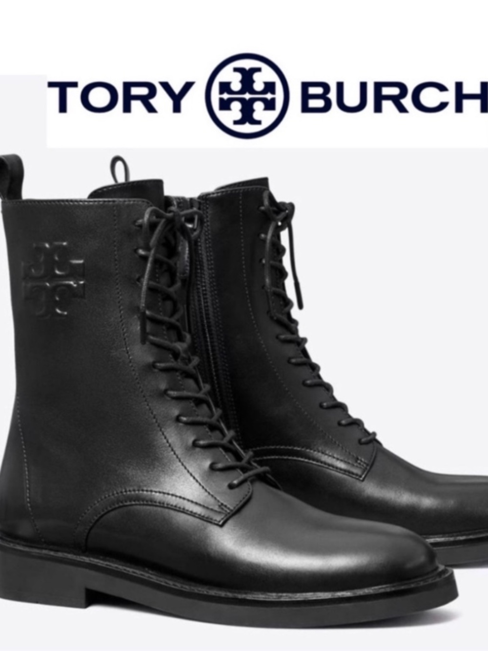 NIB Tory Burch Black Double T Combat Boot - Glossy Calf Leather